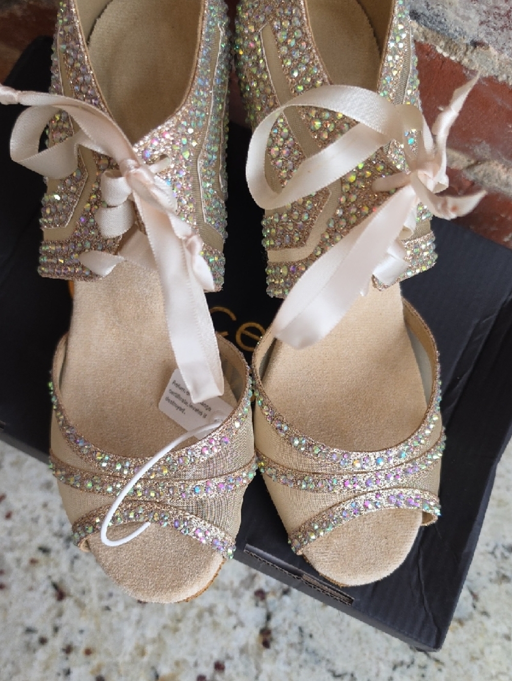 Iridescent Champagne Crystal Dance Heels with Ribbon Tie - Picture 3 of 8